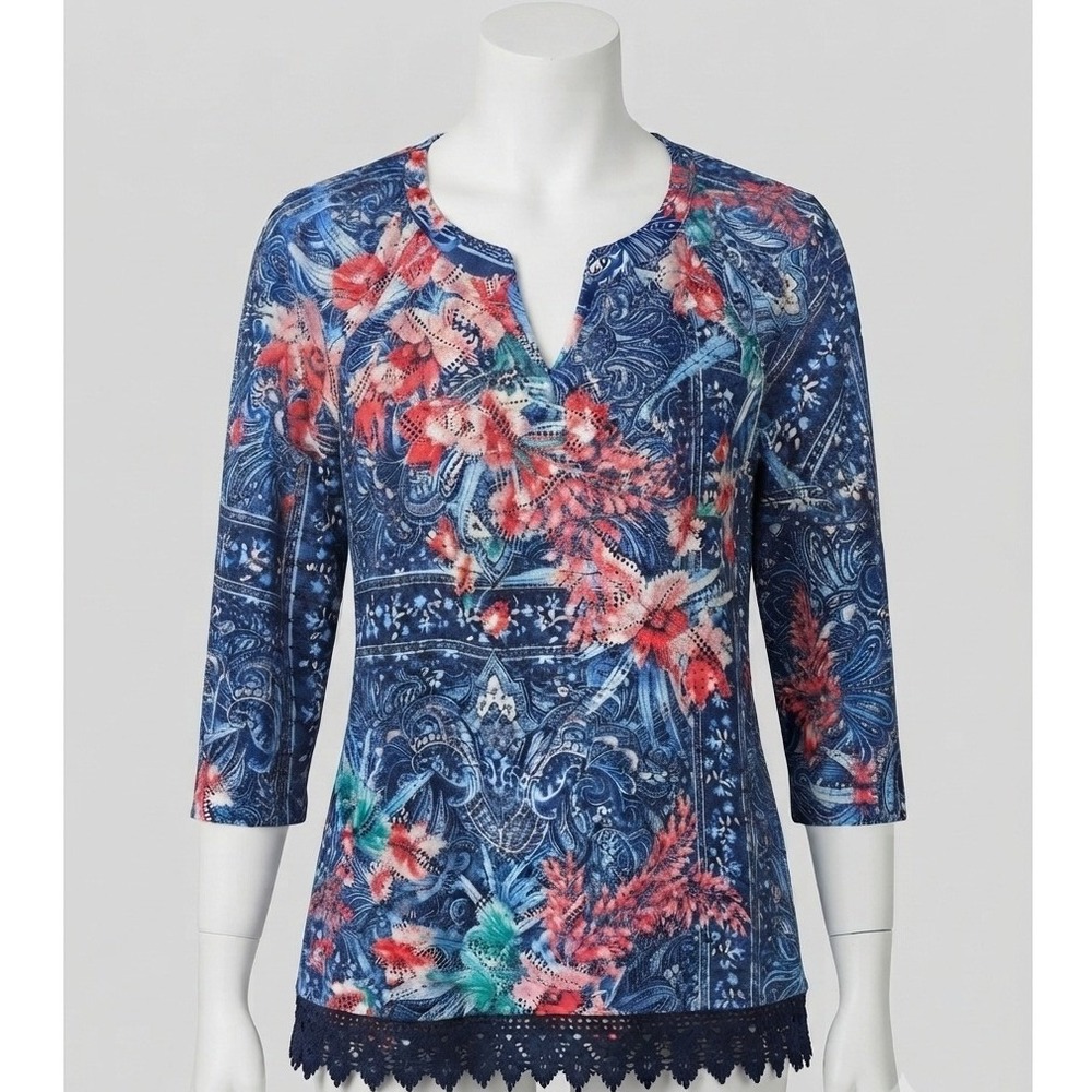 Christopher & Banks Navy Blue Floral Paisley Lace Trim Top Split Neck Blouse L